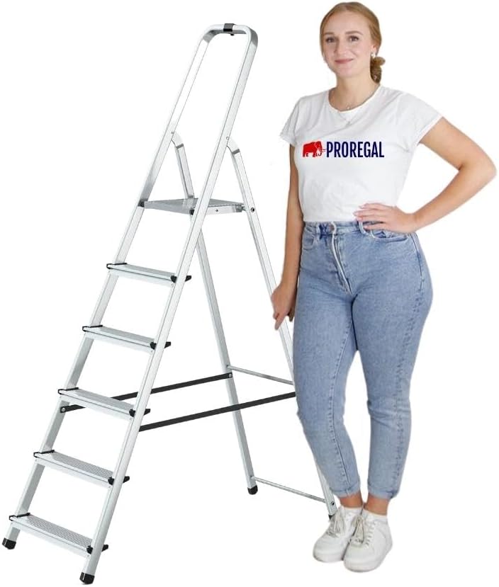 PROREGAL Economy Basic Trapladder, eenzijdig toegankelijk, 6 treden, werkhoogte 3,19 m, draagvermogen 125 kg