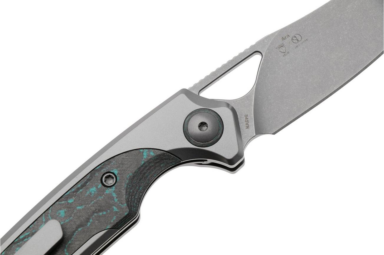 Kizer Ara KI3729A2, Gray Stonewashed CPM S45VN, Titanium / Brittany Blue Camo Carbon zakmes, Jonathan Styles and Paul Munko design