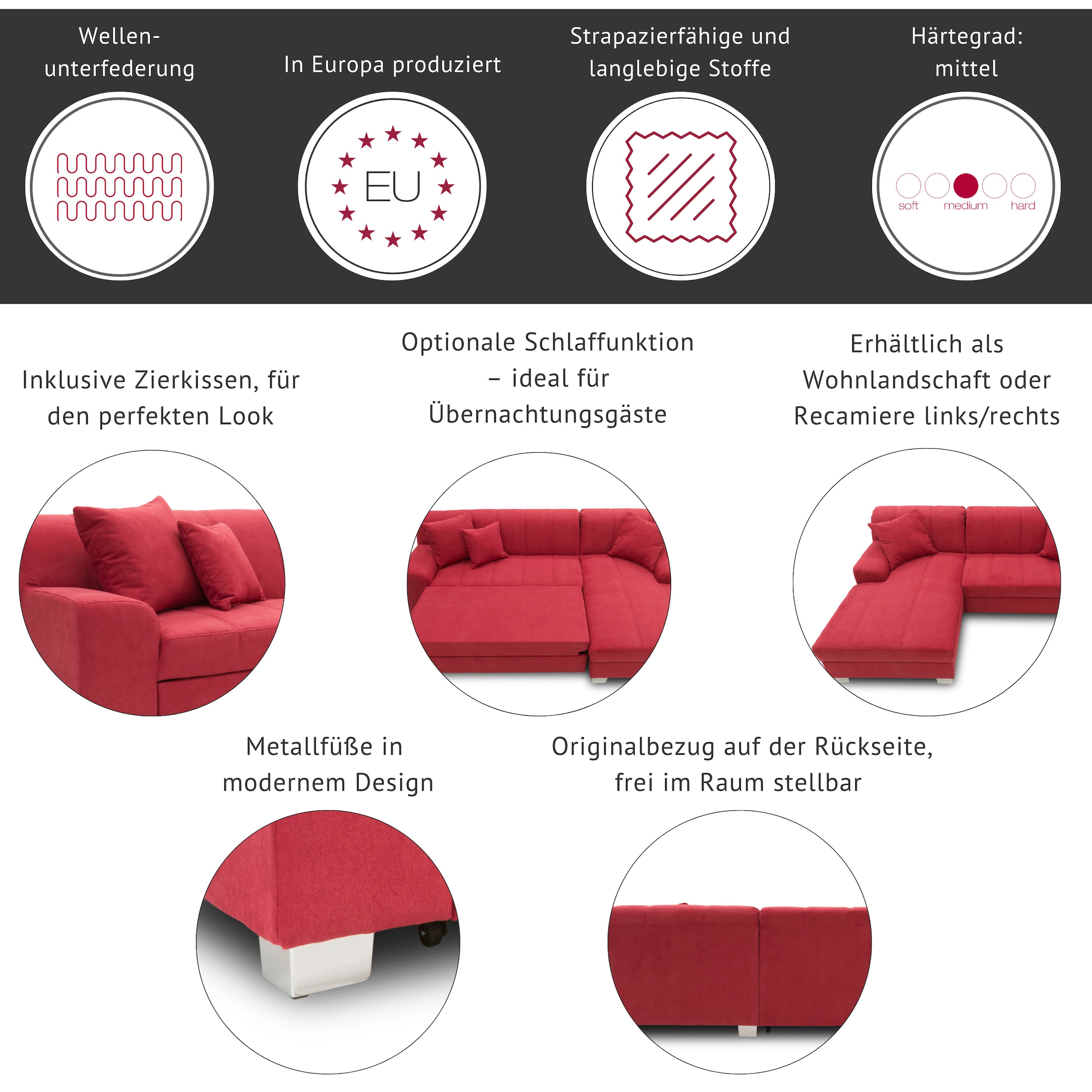 DOMO collection Ecksofa »Turah incl. Zierkissen, moderne Steppung, auch in Leder« wahlweise mit Bettfunktion, Schlafsofa, B/T/H: 239/152/75 cm, L-Form