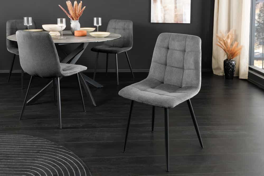 Moderner Design Stuhl TRES CHIC grau Cord schwarze Metallbeine Esszimmer
