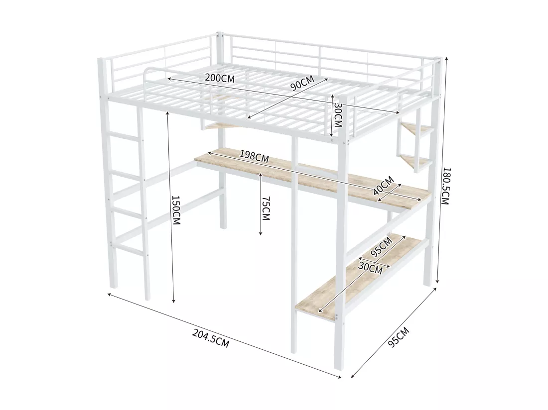 Lit mezzanine en fer - 90x200cm - avec bureau et 5 étagères - Blanc