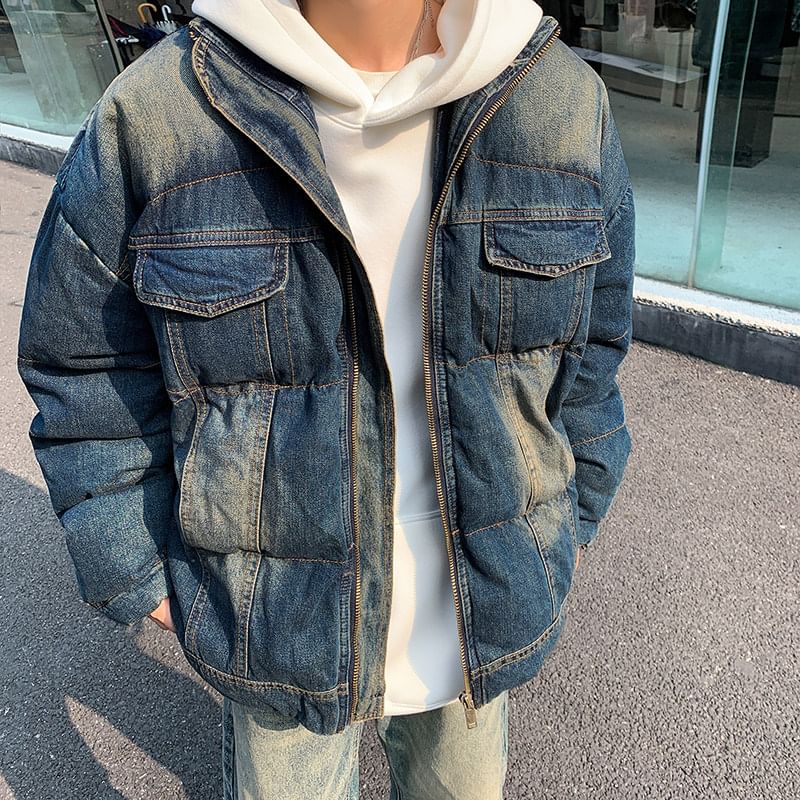 Kimeya - Gewassen denim pufferjack met opstaande kraag en rits