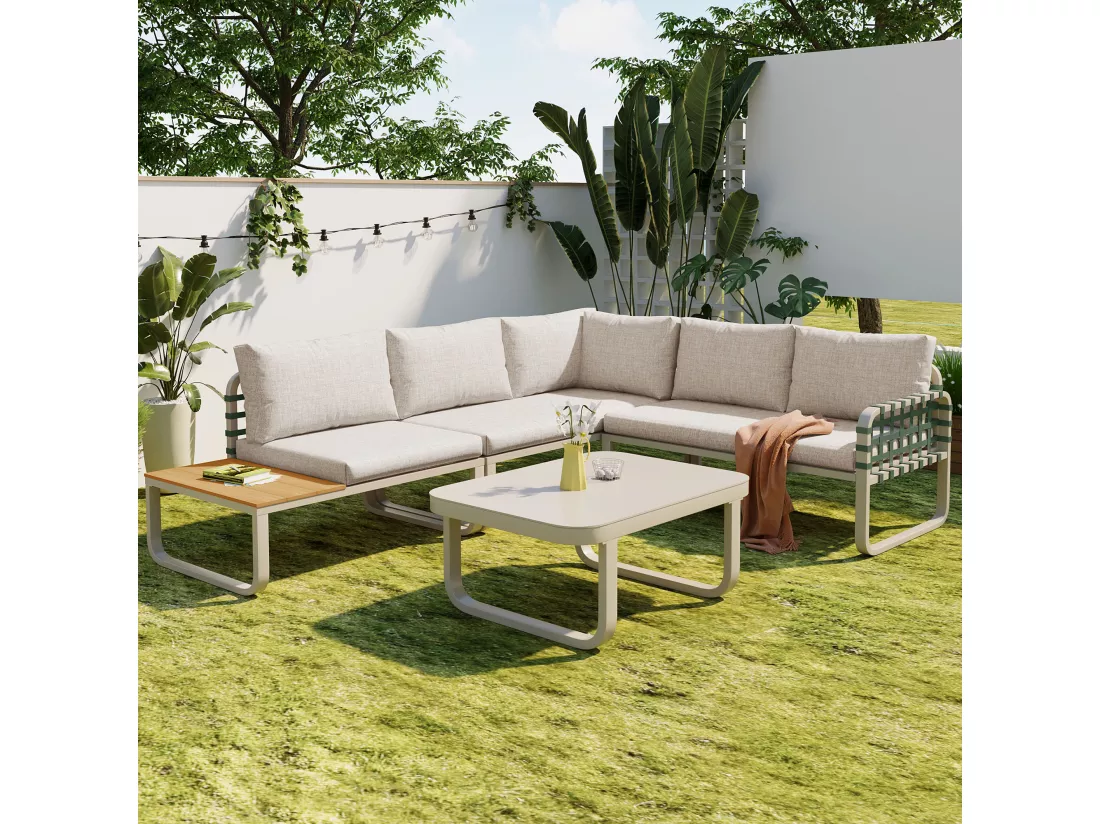 Salon de jardin modulable en fer et corde : 2 canapés 2 places + 1 canapé 1 place + 1 table basse - Abricot