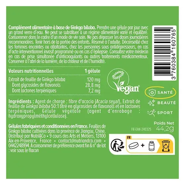 Nutri&Co Ginkgo Biloba Estimulante Cognitivo para Memória e Visão - 120 Cápsulas Veganas