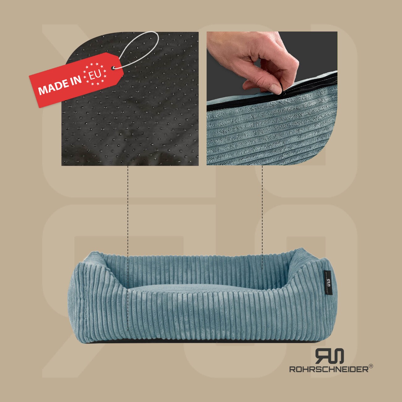 Rohrschneider ® Hundebett waschbar für kleine Hunde mit Hundekissen Cord (ca. 55x42 cm) inkl. Gassibeutel