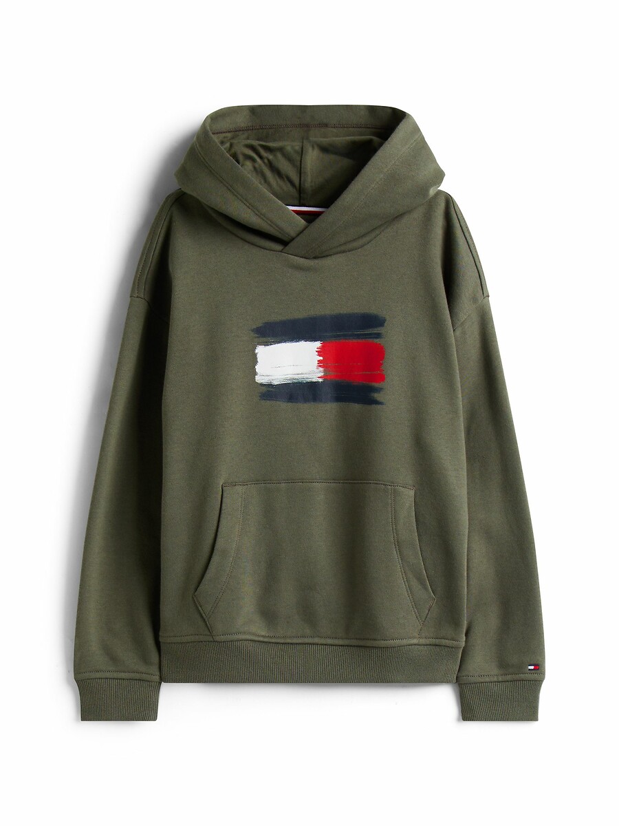 TOMMY HILFIGER<br>Moletom com capuz, estampa de bandeira, tecido fleece