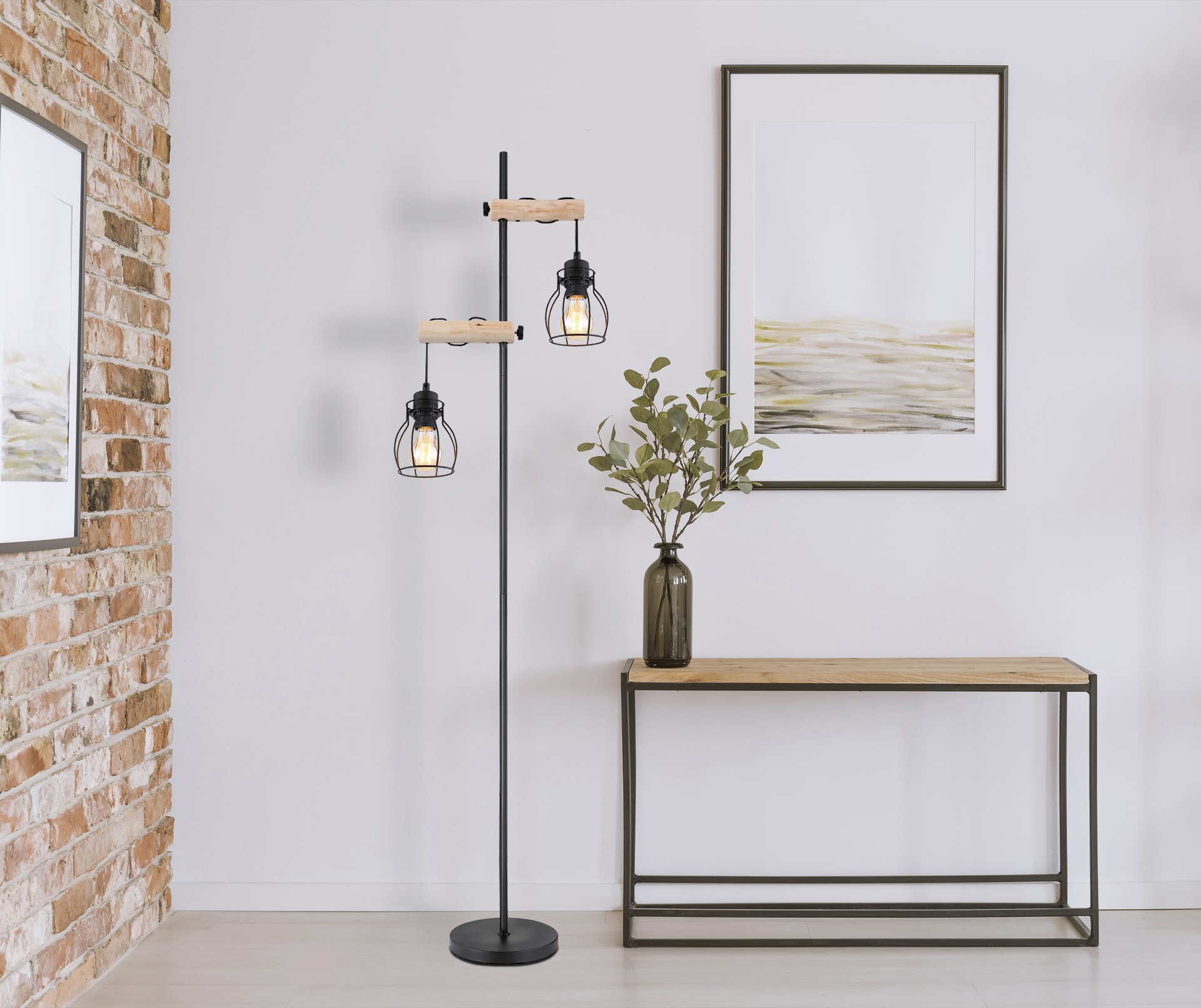 GLOBO Retrofit Stehlampe Mina II 2-flg Schwarz/Naturfarbig 23x38,5cm H.150cm Metall,Holz,Geflecht,Matt,Ein-/Ausschalter inklusive,Schnurschalter,höhenverstellbar,Innen