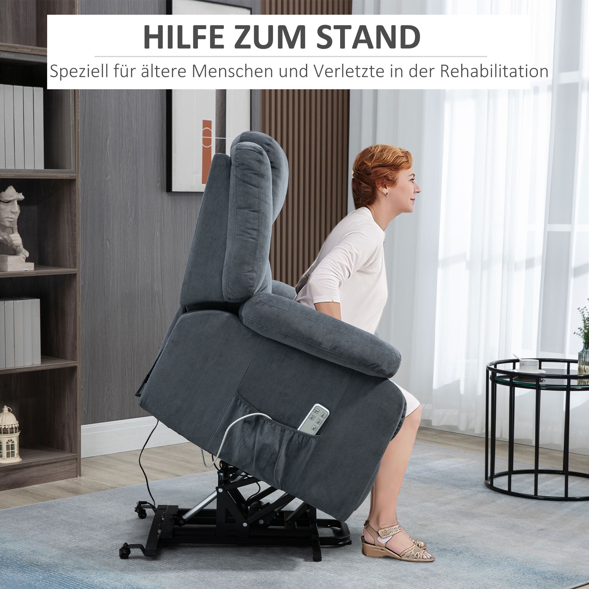 HOMCOM Aufstehsessel mit Liegefunktion grau 92L x 93B x 105H cm
