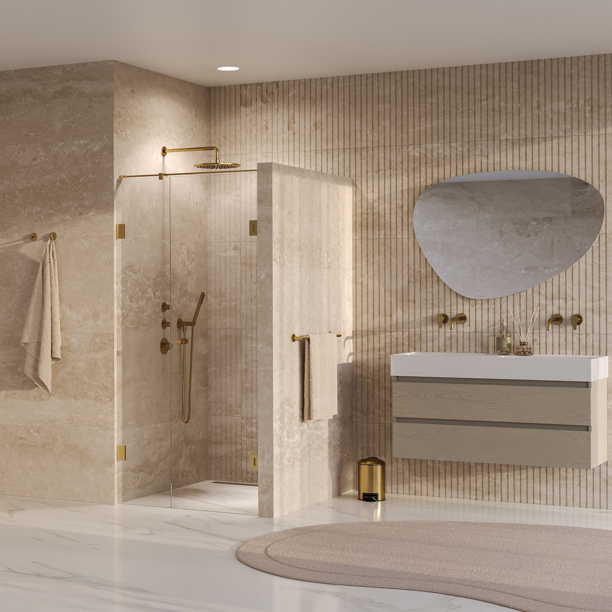 Brauer Void Carving profielloze nisdeur 100cm met draaideur 60cm aan muur messing geborsteld PVD