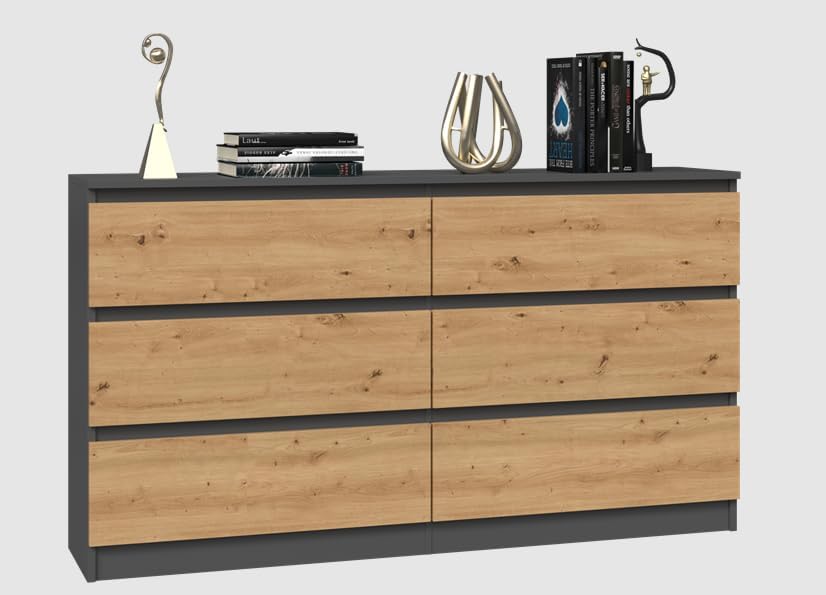 BDW - Kommode 140, Malwa M6 - Highboard 6 Schubladen - 140 cm - Für Wohnzimmer, Schlafzimmer oder Büro - Schlichtes und minimalistisches Design - Anthrazit/Eiche Artisan