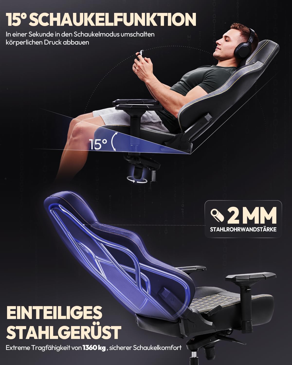 Dowinx Gaming Stuhl 200kg Belastbarkeit Chefsessel, Ergonomischer Bürostuhl mit 4D Armlehnen und Lendenwirbelstütze, Höhenverstellbarer Gaming Chair für Gamer und Esport Schwarz