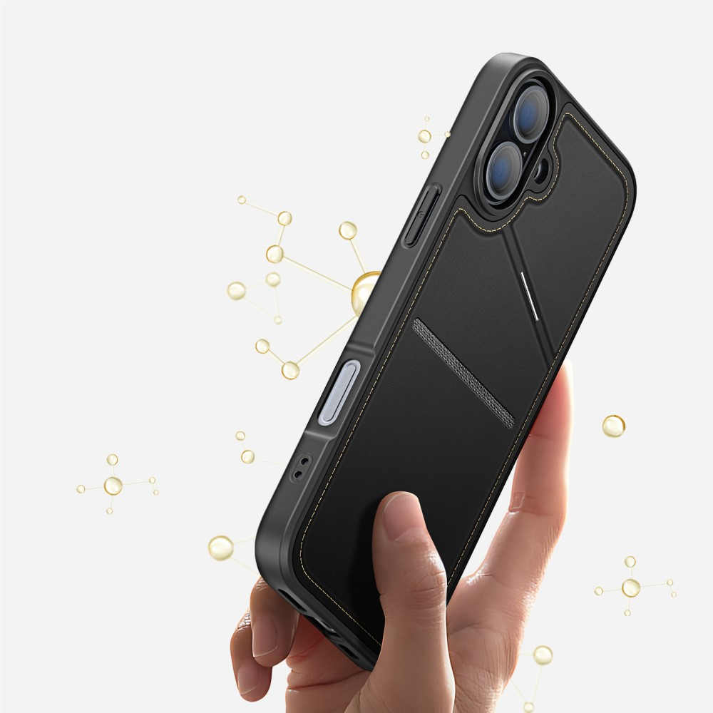 iPhone 16 Plus MagSafe Hybrid Leder Hülle mit Kartenfach   Kickstand Aufsteller (RFID Schutz) - Schwarz