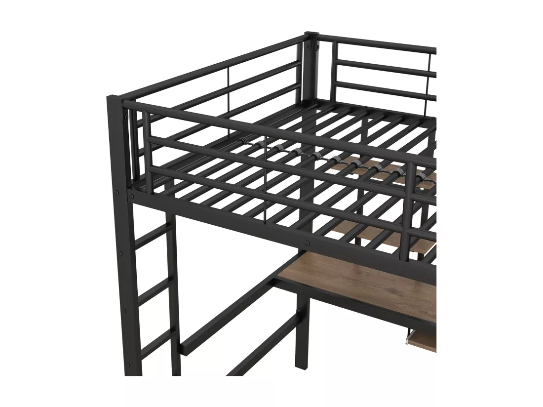 Lit mezzanine 140x200cm pour enfants - Cadre de lit en fer lit surélevé avec bureau pour étude et 2 étagères - noir