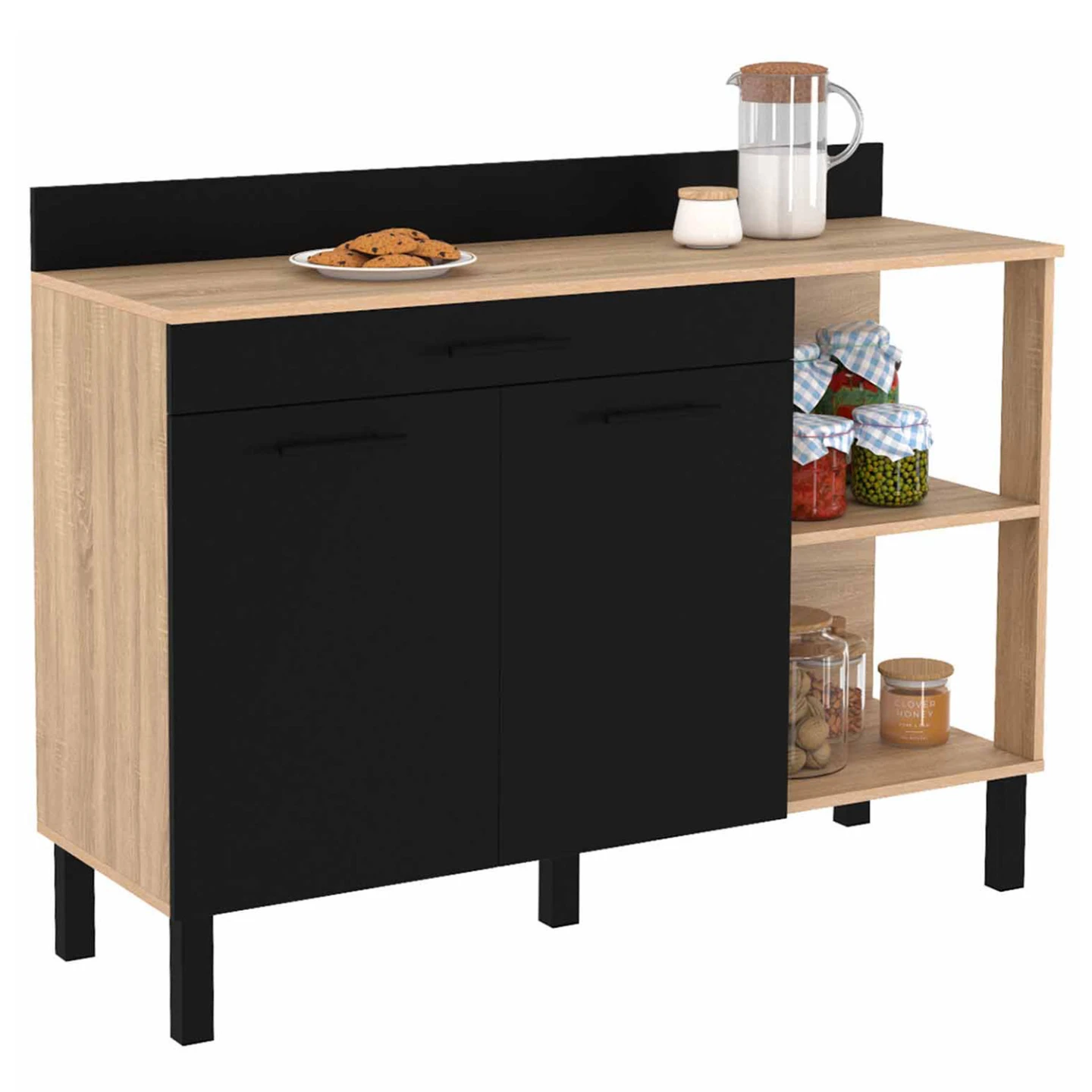 Buffet bas de cuisine 120 CM CINA plan de travail H.83 cm 2 portes + tiroir façon hêtre et noir