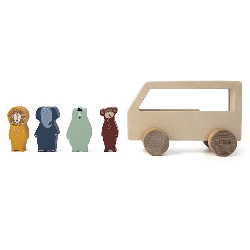 Jouet bus en bois et 4 figurines animaux