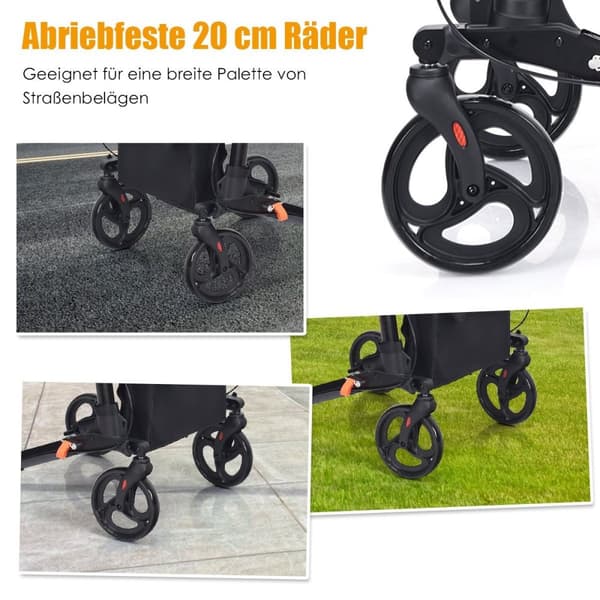 Rollator, sammenleggbar reiserollator, lett med sete, høydejusterbart håndtak og bag, sort