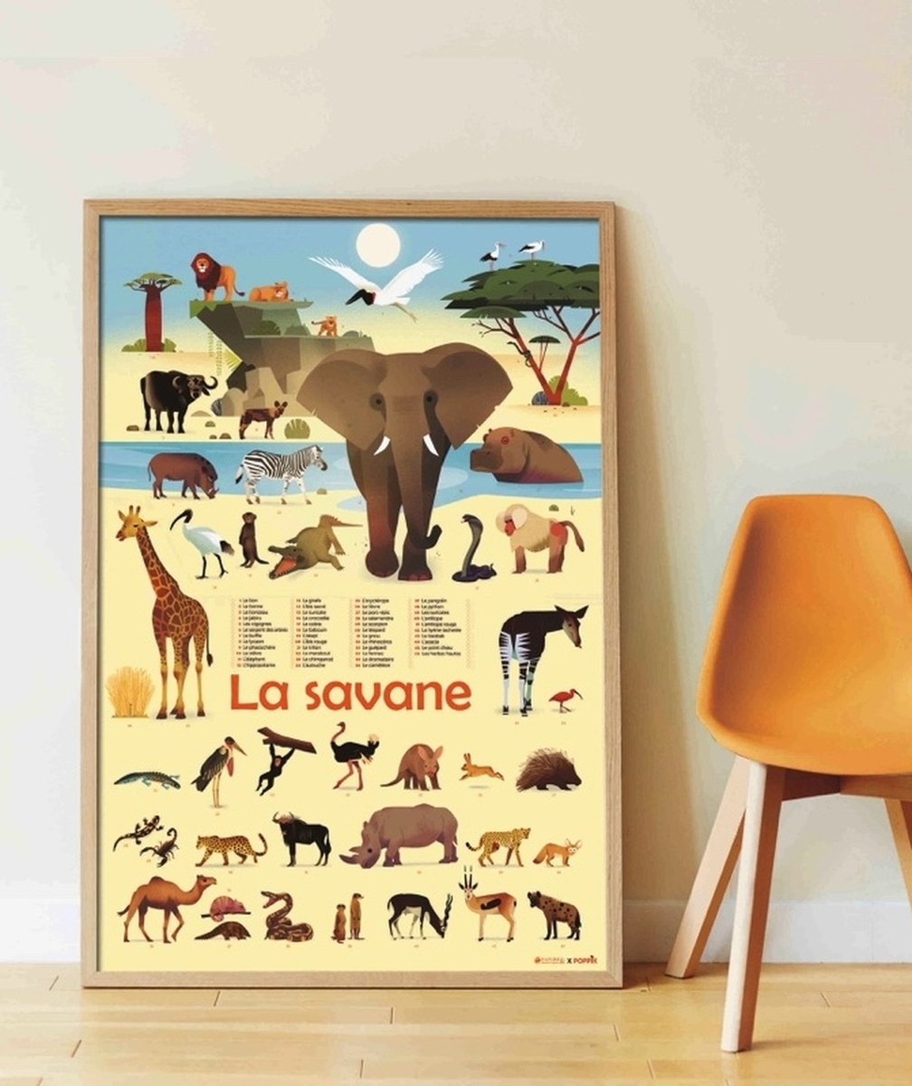 POPPIKPOSTER ÉDUCATIF AVEC 64 STICKERS UNIVERS SAVANE