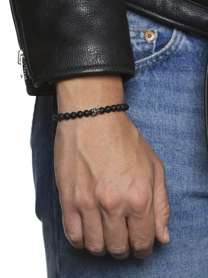 Nialaya Men's Beaded Bracelet with Blue, Brown, Orange, White and Stainless St Black