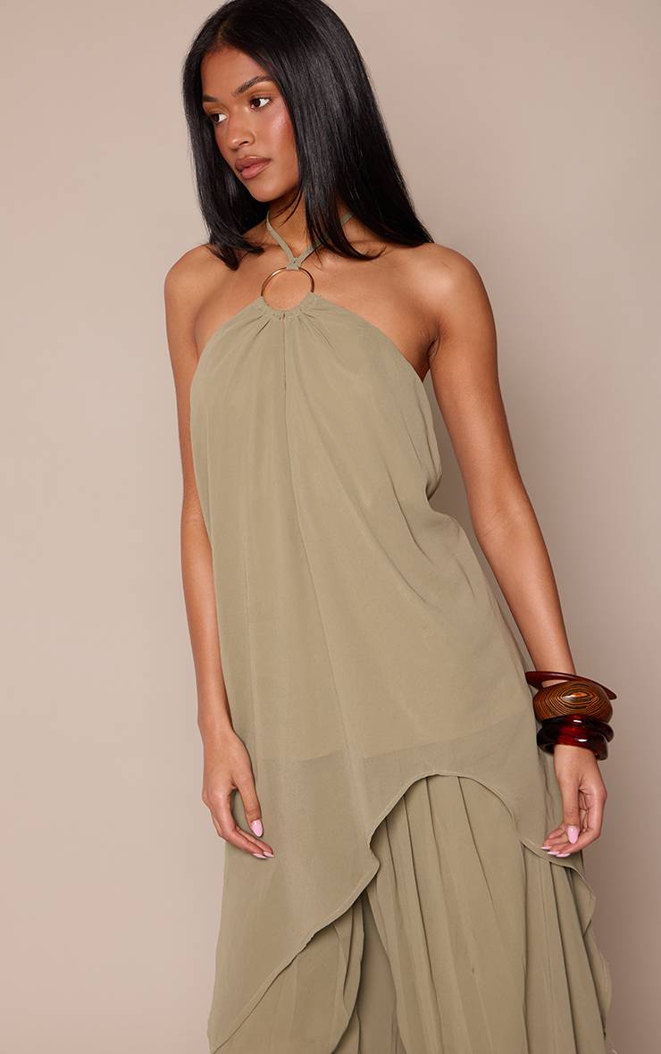 Vert Olive Ensemble Coordonné Haut Asymétrique Fluide Avec Détails Ajustés Tall