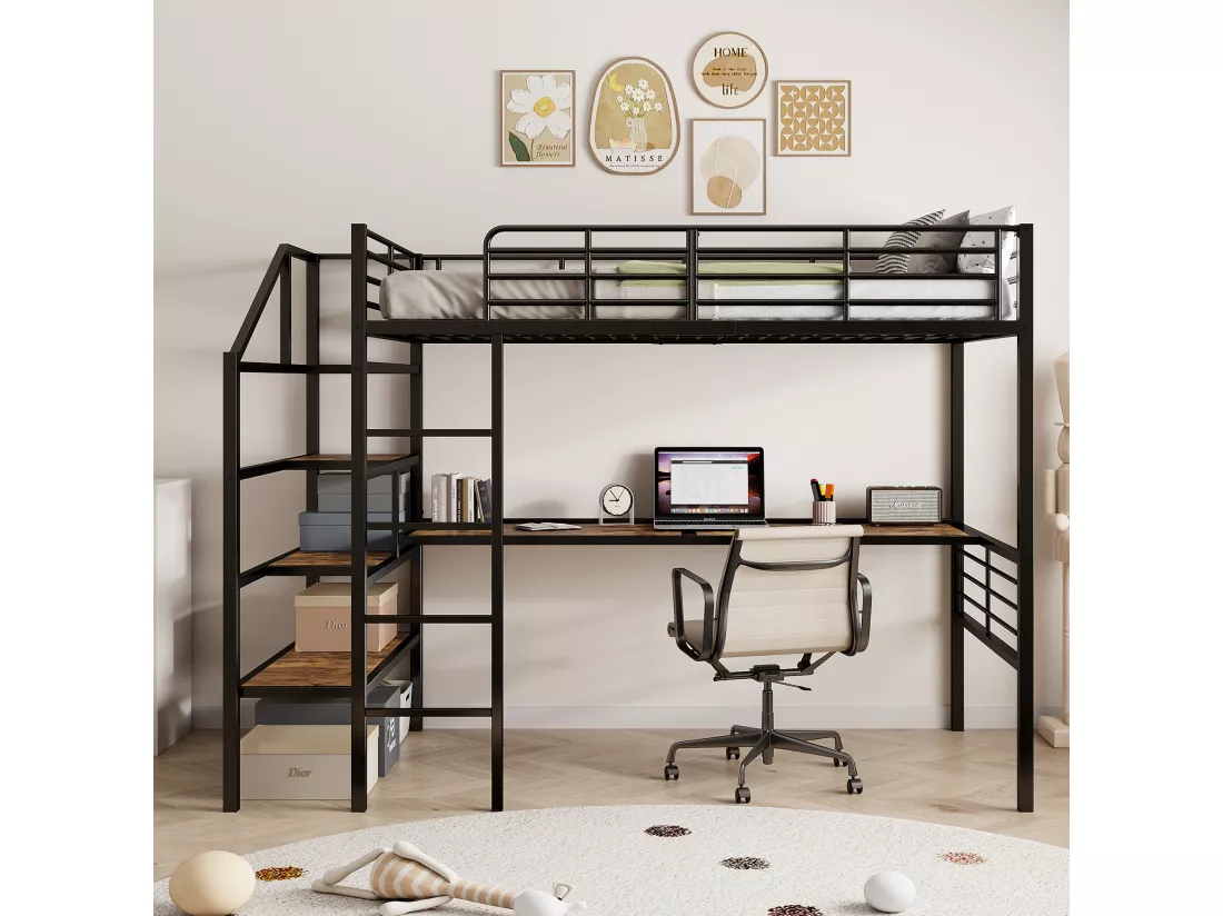 Lit mezzanine 90x200cm en métal - avec bureau et échelle de rangement - Noir