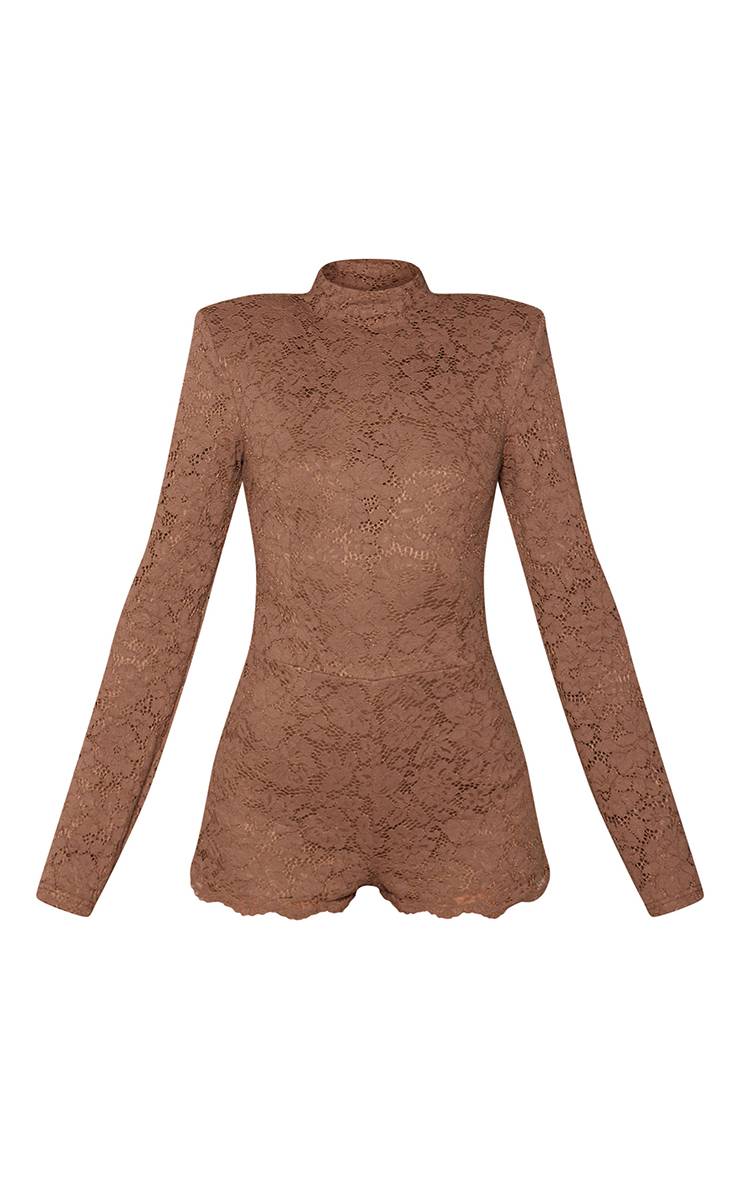Light Brown Combi-short En Dentelle À Manches Longues Et Épaulettes Structurées