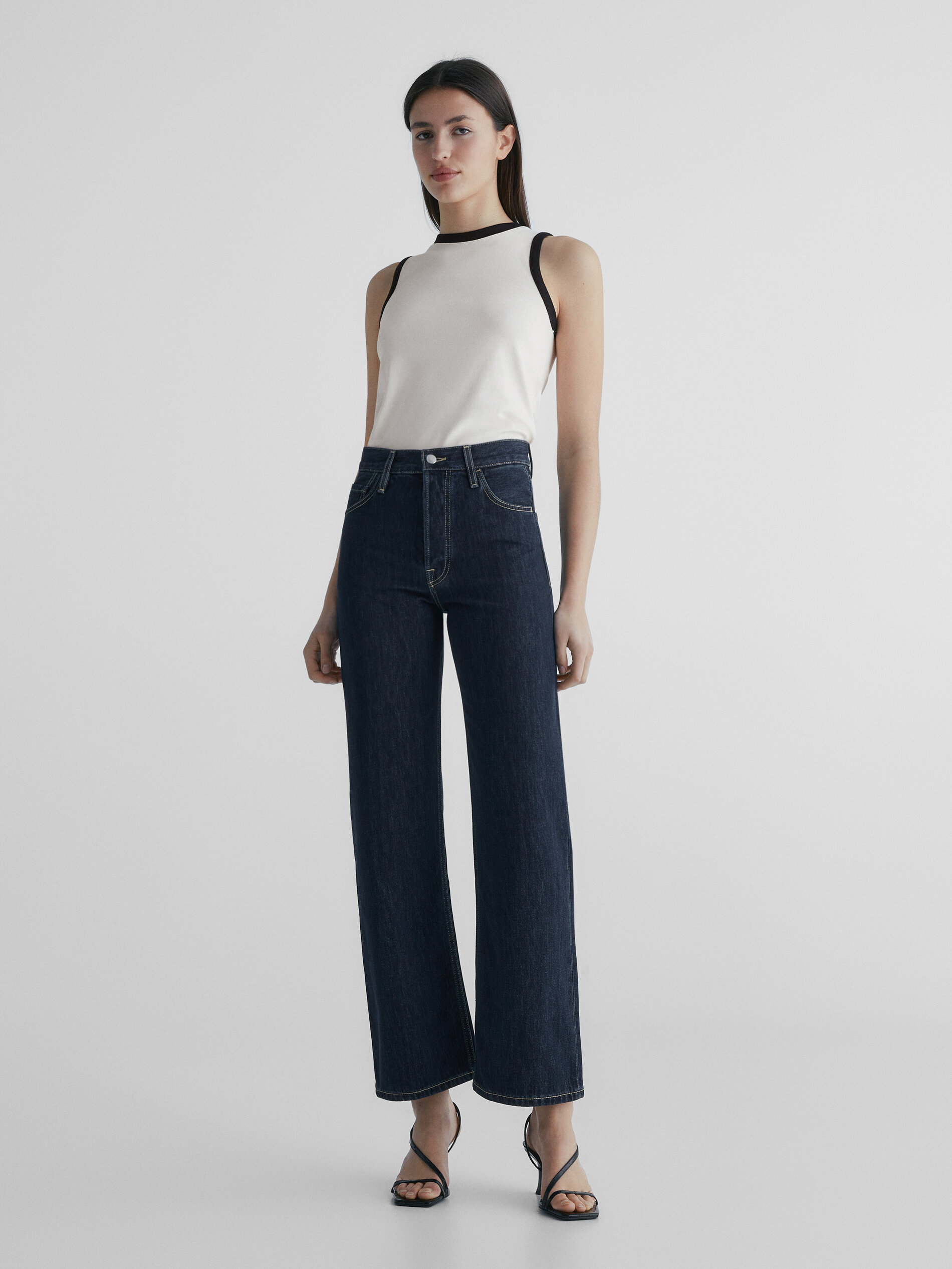 Calça jeans reta de cintura alta - AZUL ESCURO