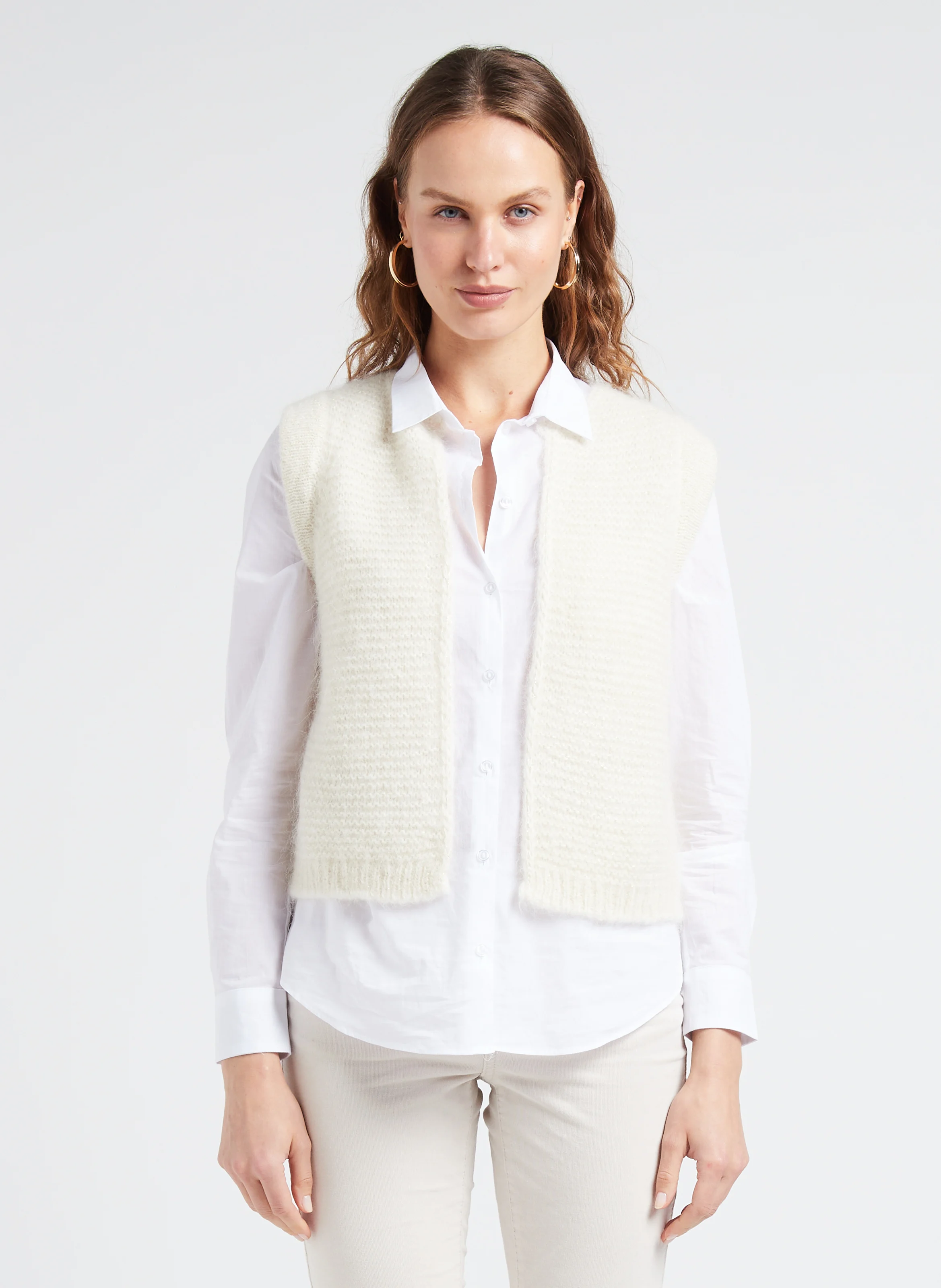 GOTANAX - Gilet col rond droit en maille | Blanc