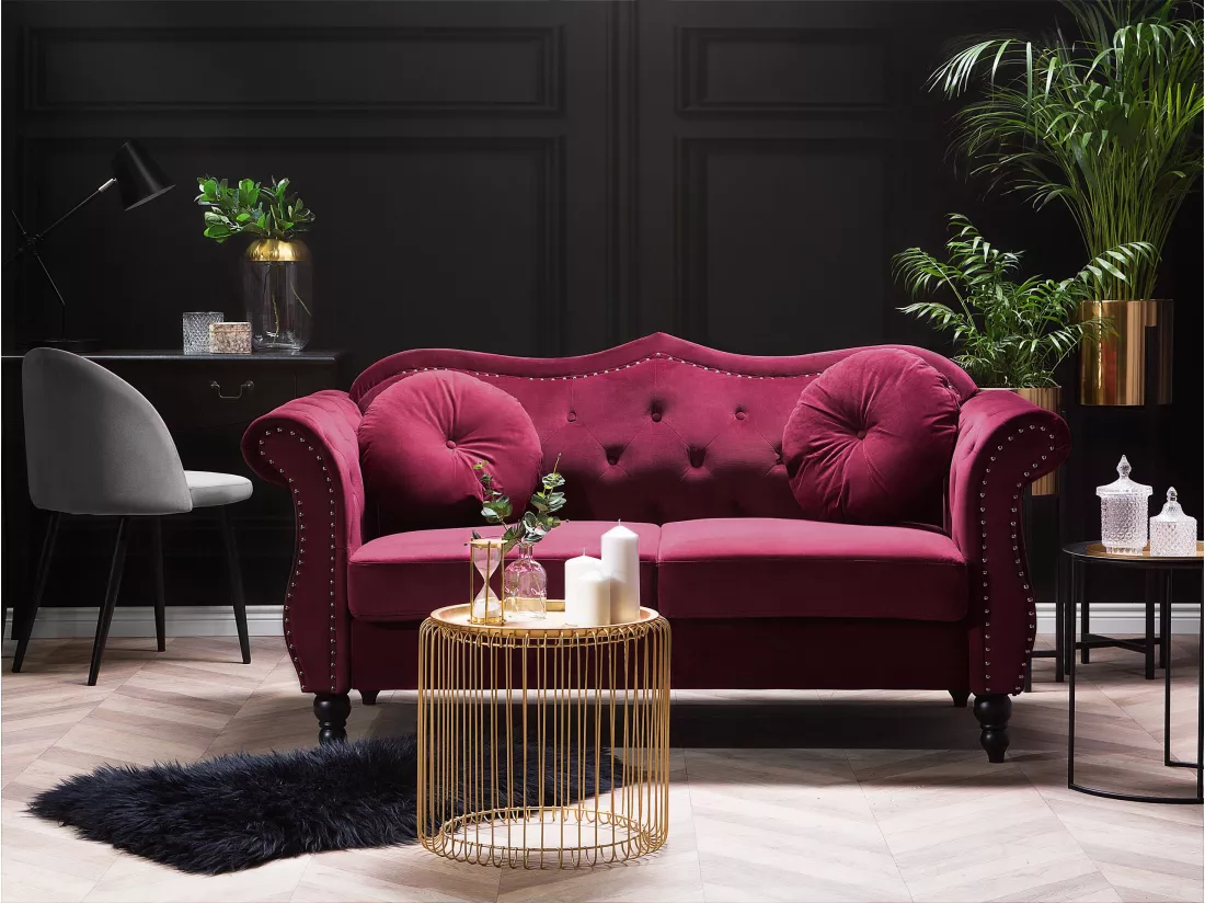 Canapé Chesterfield 2 places en velours rouge SKIEN