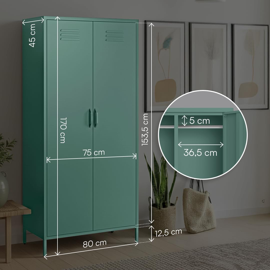 skølm Atria Kleiderschrank Metall – Metallschrank mit 6 Fächern & 2 Kleiderstangen – Garderobenschrank in Dunkelgrün – Metallkleiderschrank 80 cm breit – Schlafzimmerschrank – Industrial Schrank Flur