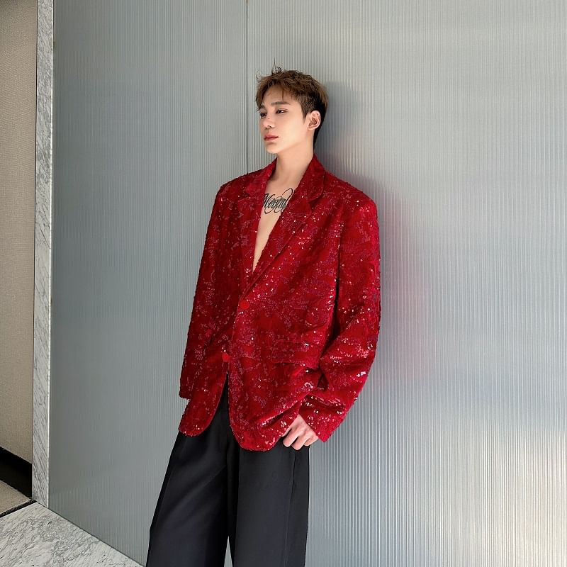 Freehop - Blazer met reverskraag en pailletten, enkelrijs