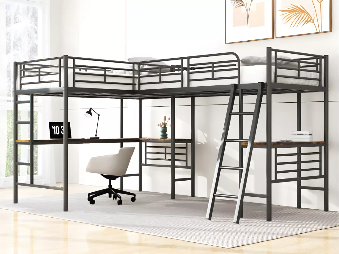 Lit mezzanine - 2 lits 90x200 cm - 2 bureaux sous le lit - Noir