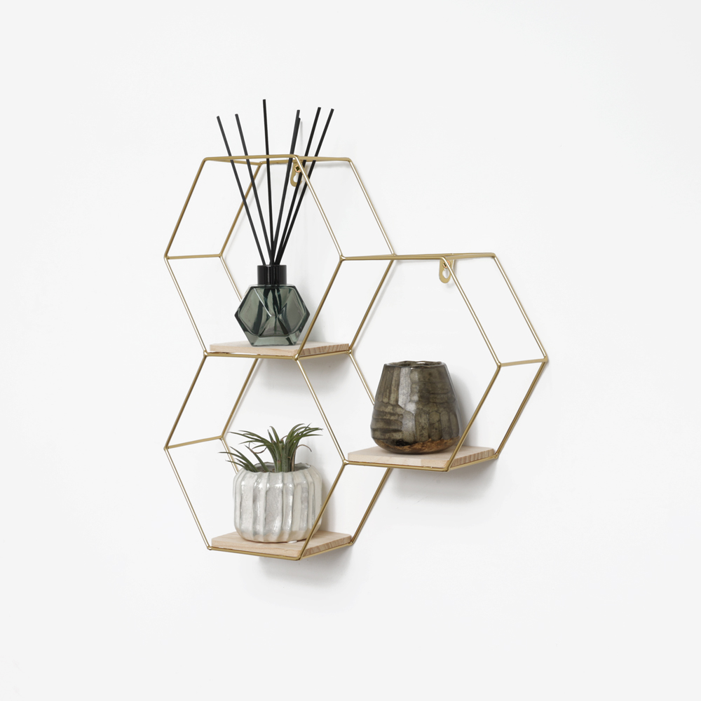 Etagère murale triple hexagonale en métal - 40,5x41 cm - or