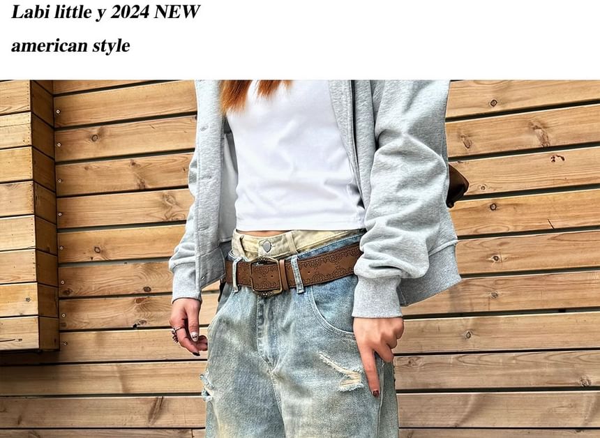 GRAYCIOUS - Mock Two-Piece Mid Rise Washed Distressed Wide Leg Jeans