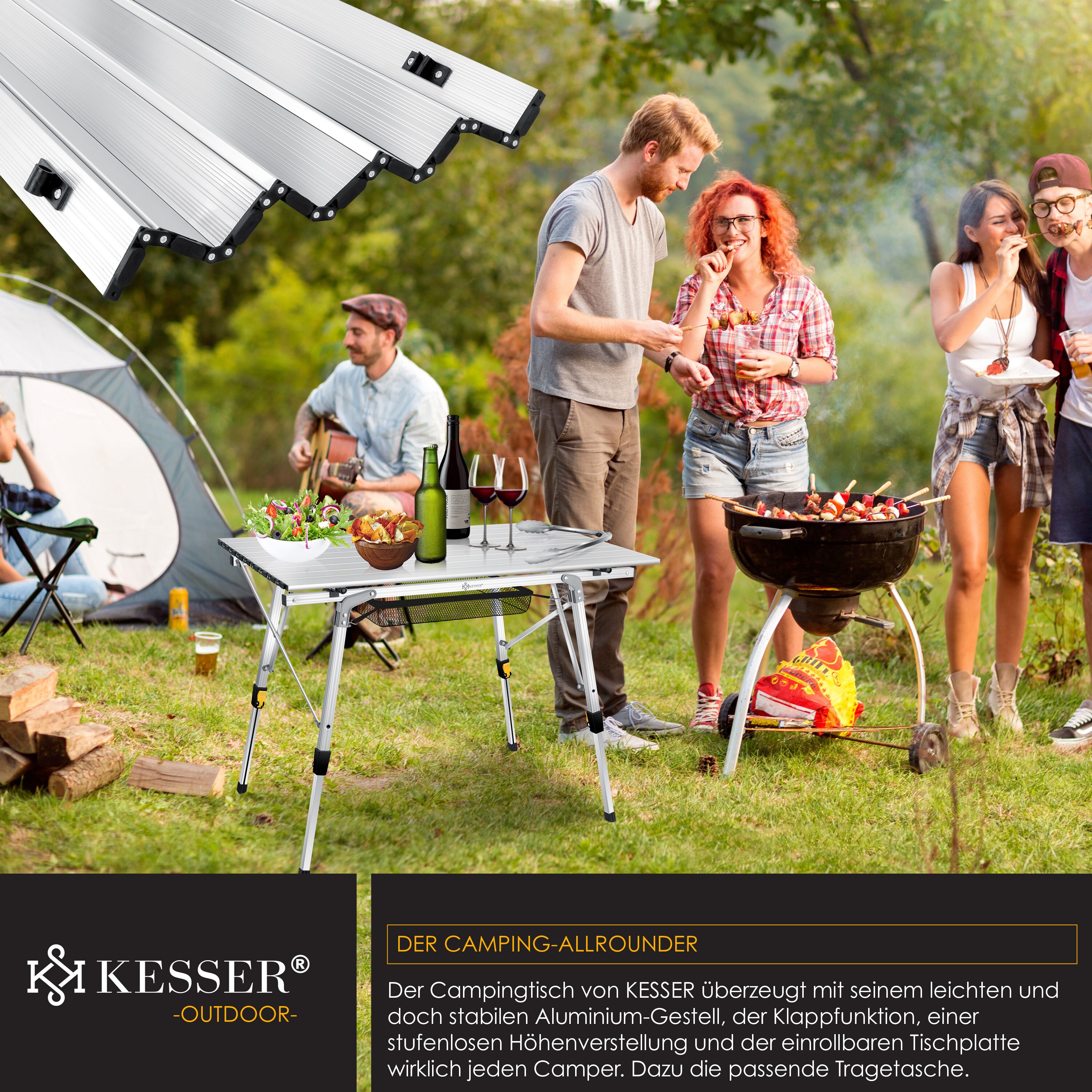 KESSER® Campingtisch faltbar Klapptisch Camping Tisch mit Aluminiumrahmen Aufrollbare Tischplatte Falttisch klappbar mit Höhenverstellung inkl. Tragetasche mit Trageband 90 x 53cm - bis 30 kg