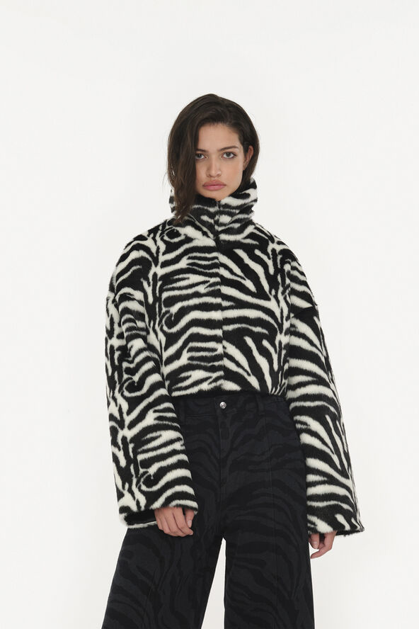 ROTATE Birger Christensen FAUX FUR CROP JACKET Zebra upscale aop