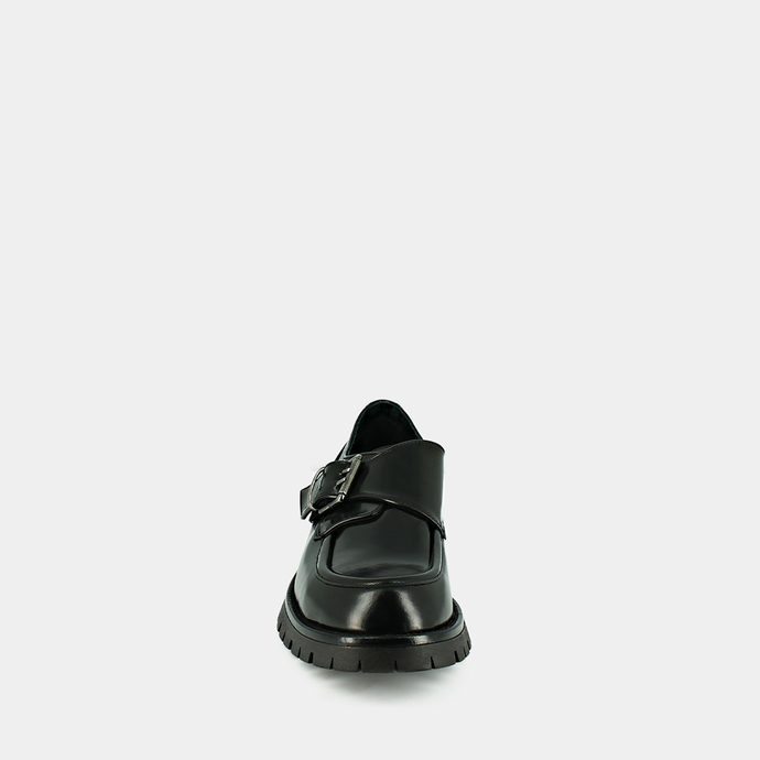 Derbies à talons plats, boucles et coutu...  en cuir glacé noir