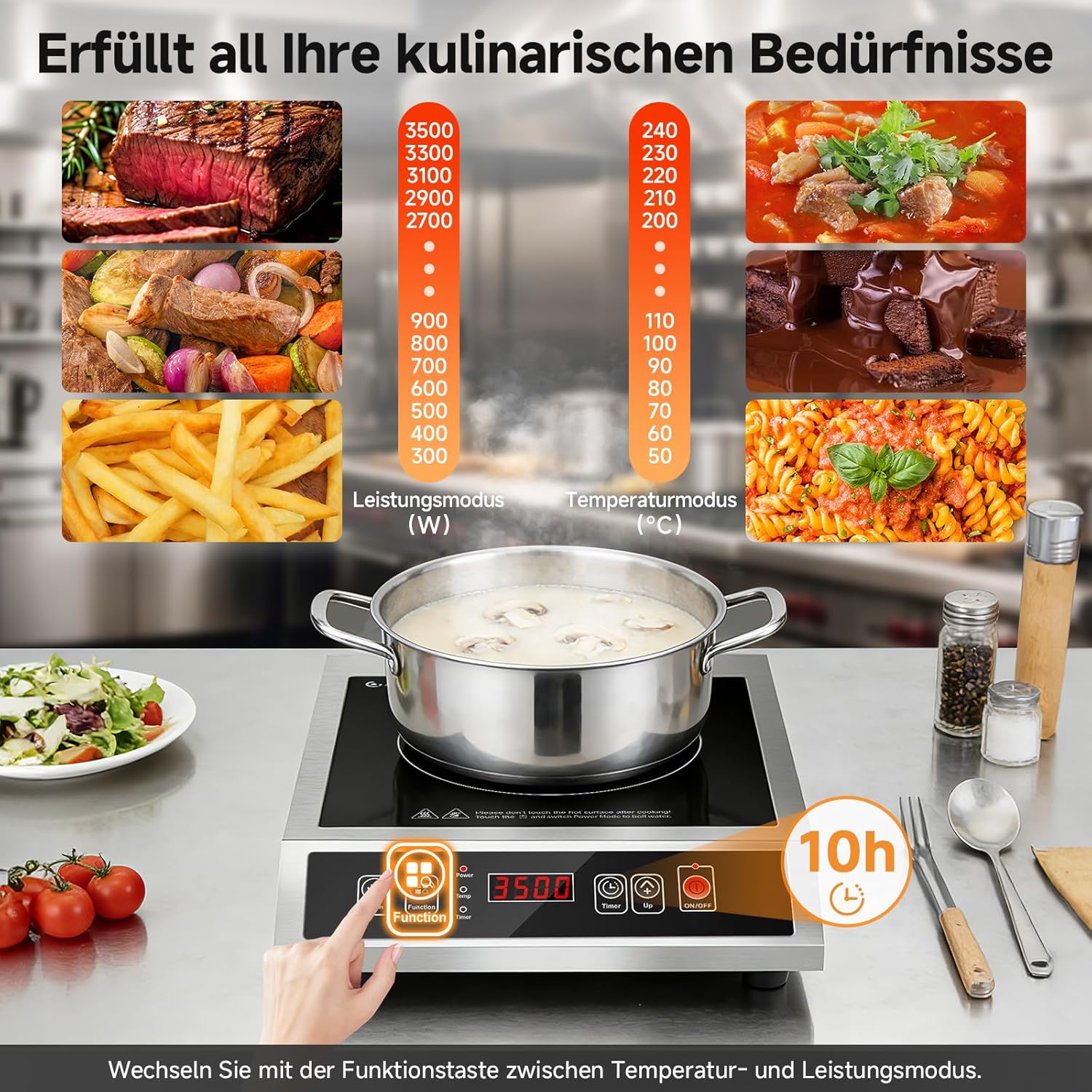 AMZCHEF Gewerbliches Induktionskochfeld 3500W, Tragbares Induktionskochplatte, 21 Leistungs- & 20 Temperaturstufen, Edelstahlgehäuse, 10H-Timer, Geeignet für Professionelle Catering Küche Restaurant