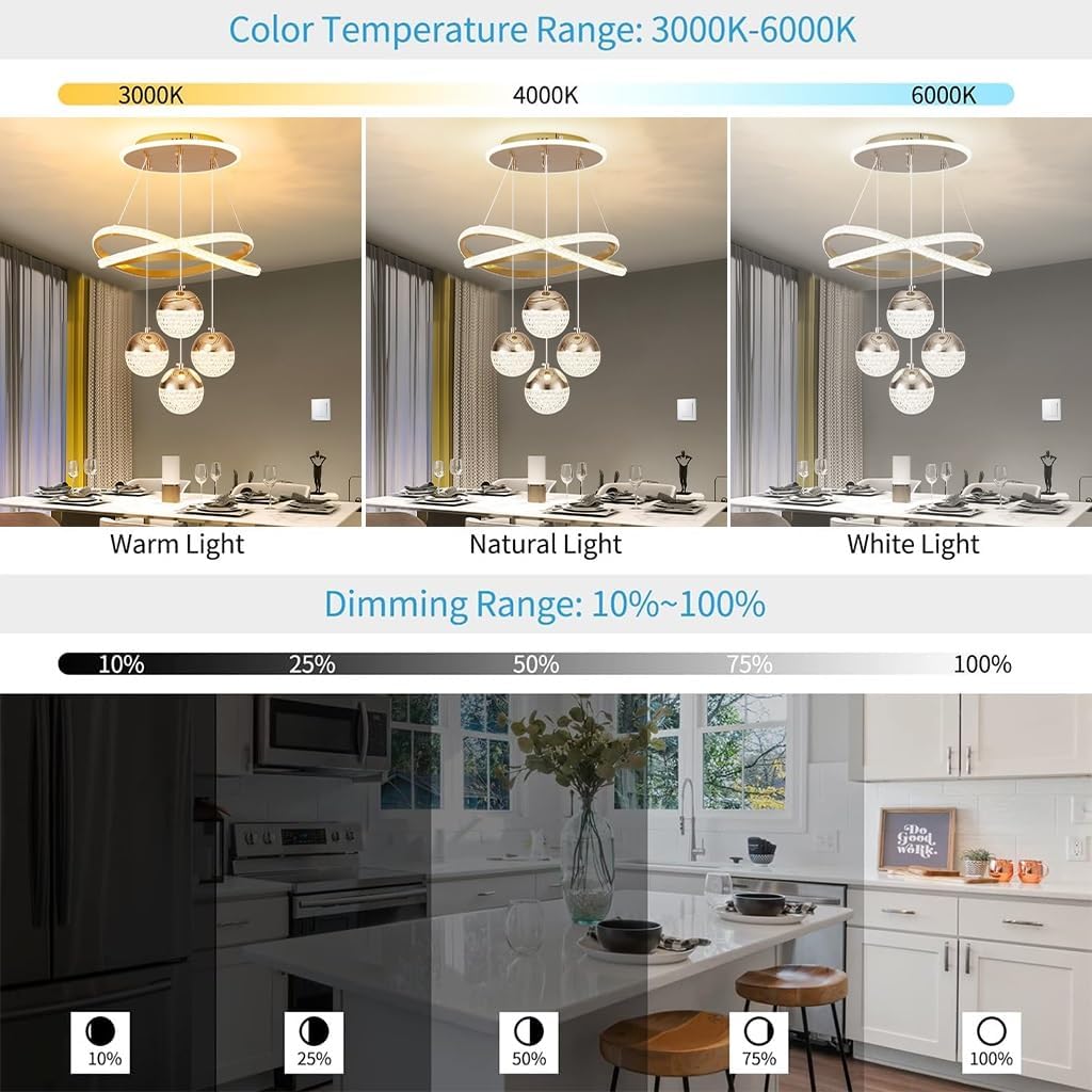 Gold Acryl Kronleuchter Ring Moderne Led Kristall Küche Insel Leuchte Decke Hängen 3 Ball Dimmbare Deckenleuchten Led Pendelleuchte mit Fernbedienung Studie Büro Pendelleuchte(Gold,Regular styl