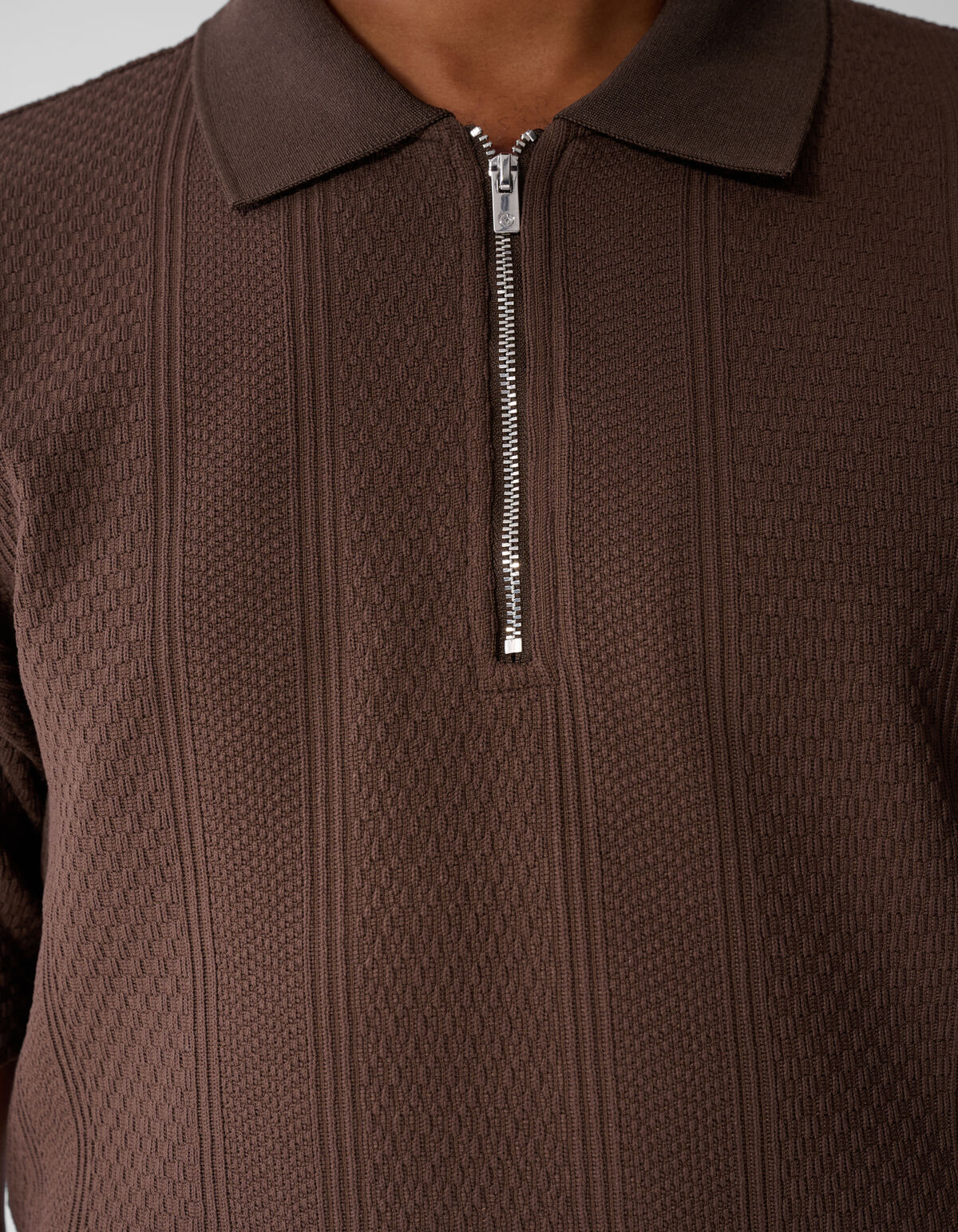Stripe Structuur Zip Polo Donkerbruin