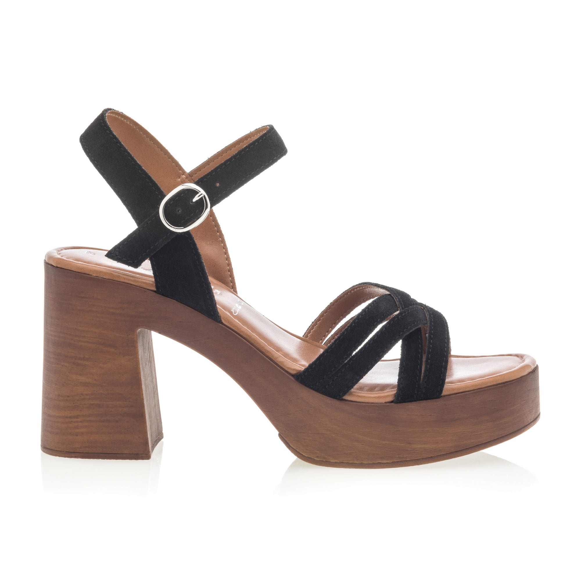 Chaussures semelle bois à talon Femme en cuir noir