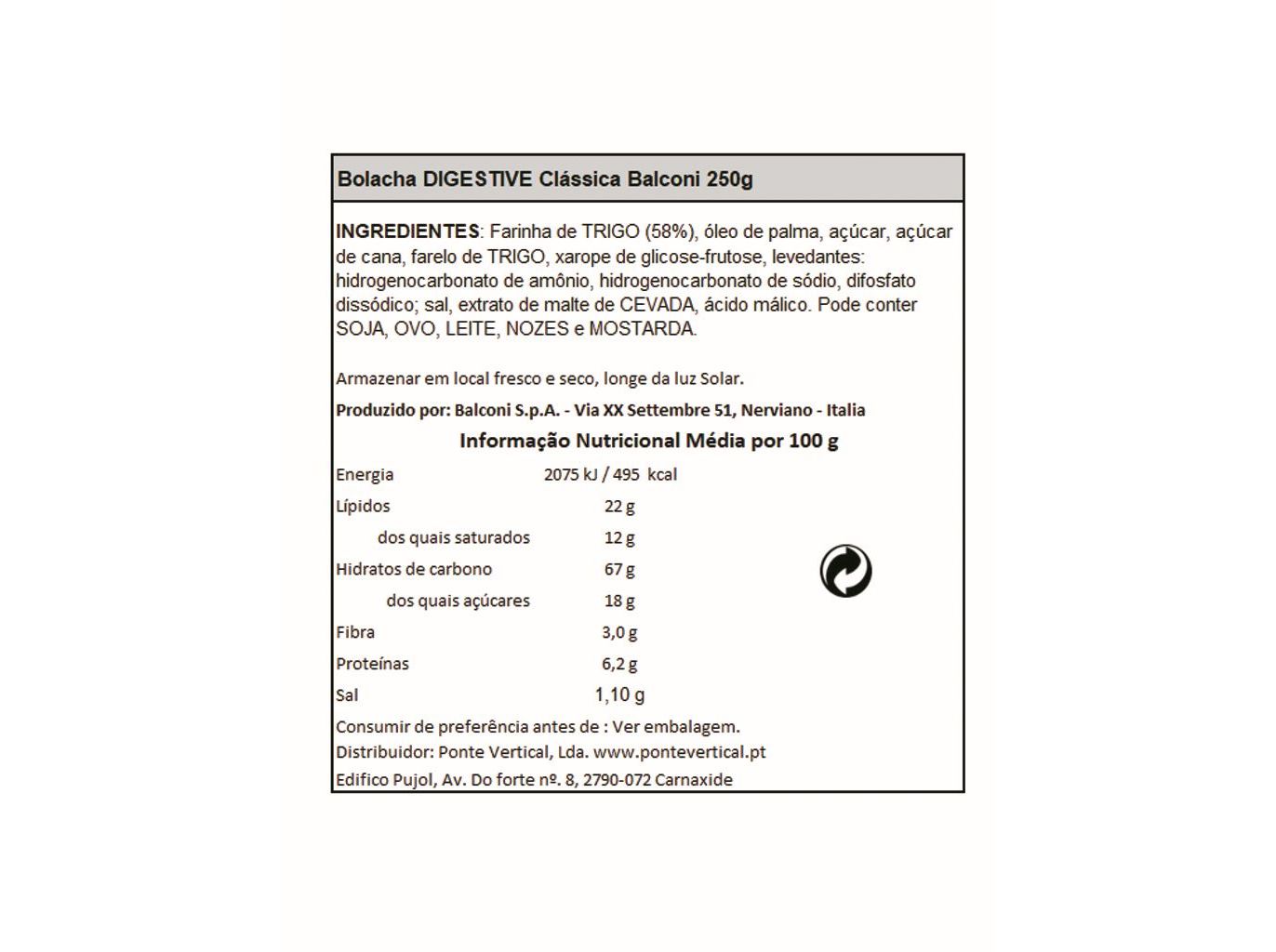 BOLACHAS DIGESTIVE BALCONI CLÁSSIC 250G