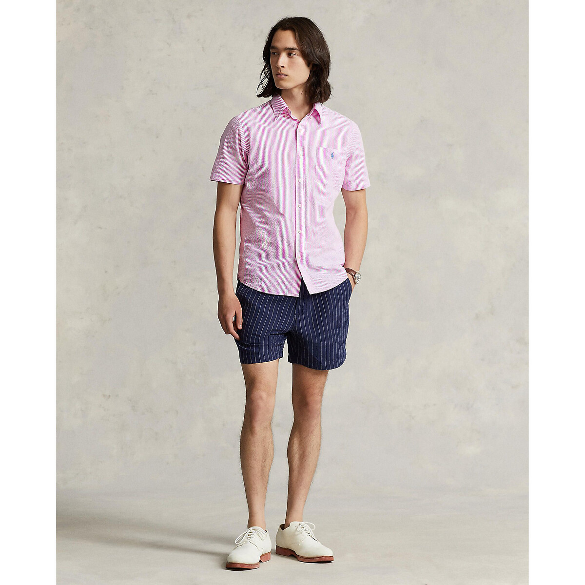 Camisa POLO RALPH LAUREN em tecido seersucker com logotipo bordado