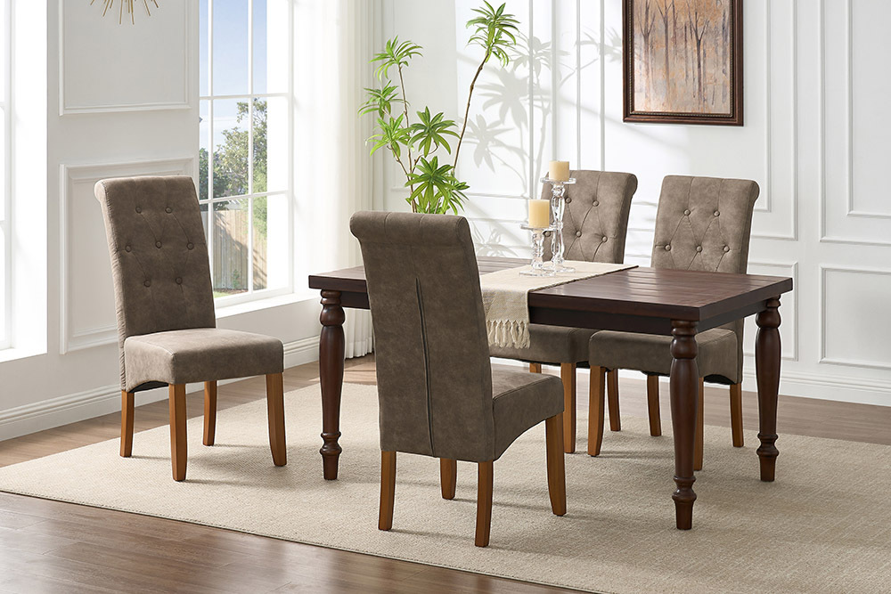 Design Stuhl CASA taupe Microfaser mit Zierknöpfen Massivholzbeine