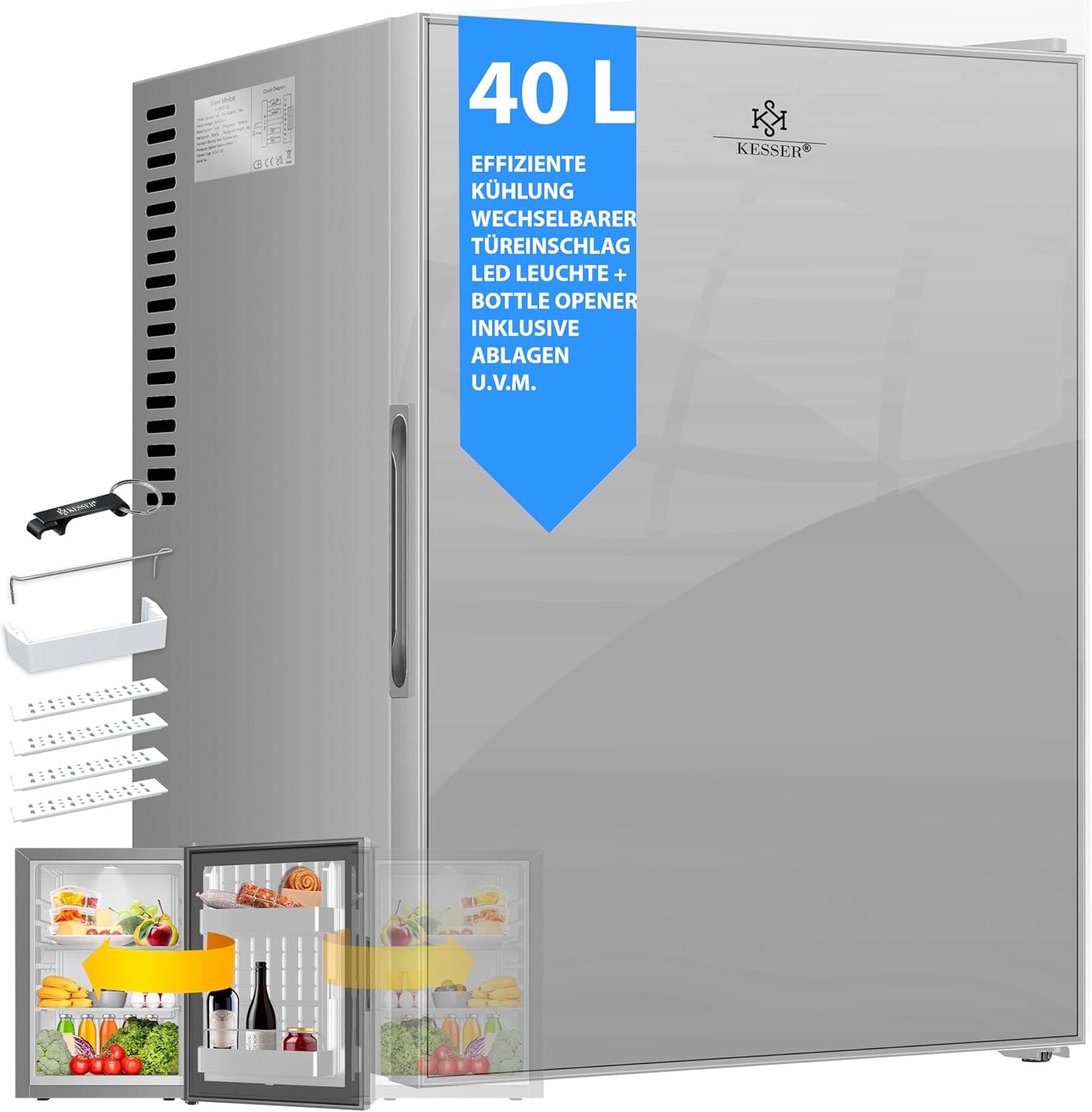 KESSER® Mini réfrigérateur avec Serrure, Mini Bar de 40 l, Silencieux, 22 DB, verrouillable, Chambre à Coucher, butée de Porte Amovible, env. 4 à 16 °C, Hauteur 57 cm, éclairage intérieur