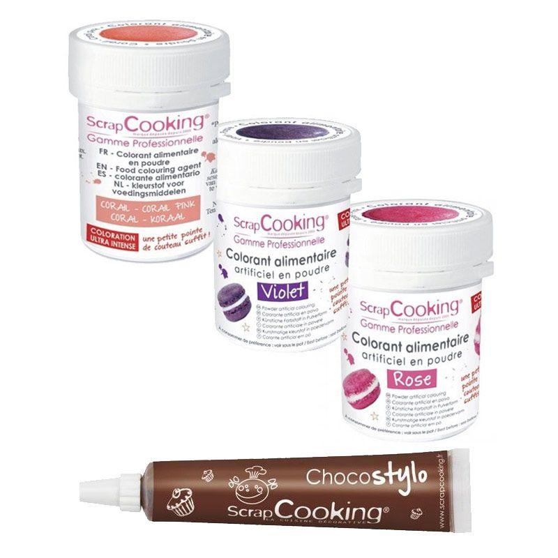 Kit de colorants alimentaires Rose-violet-corail + 1 Stylo chocolat Sc