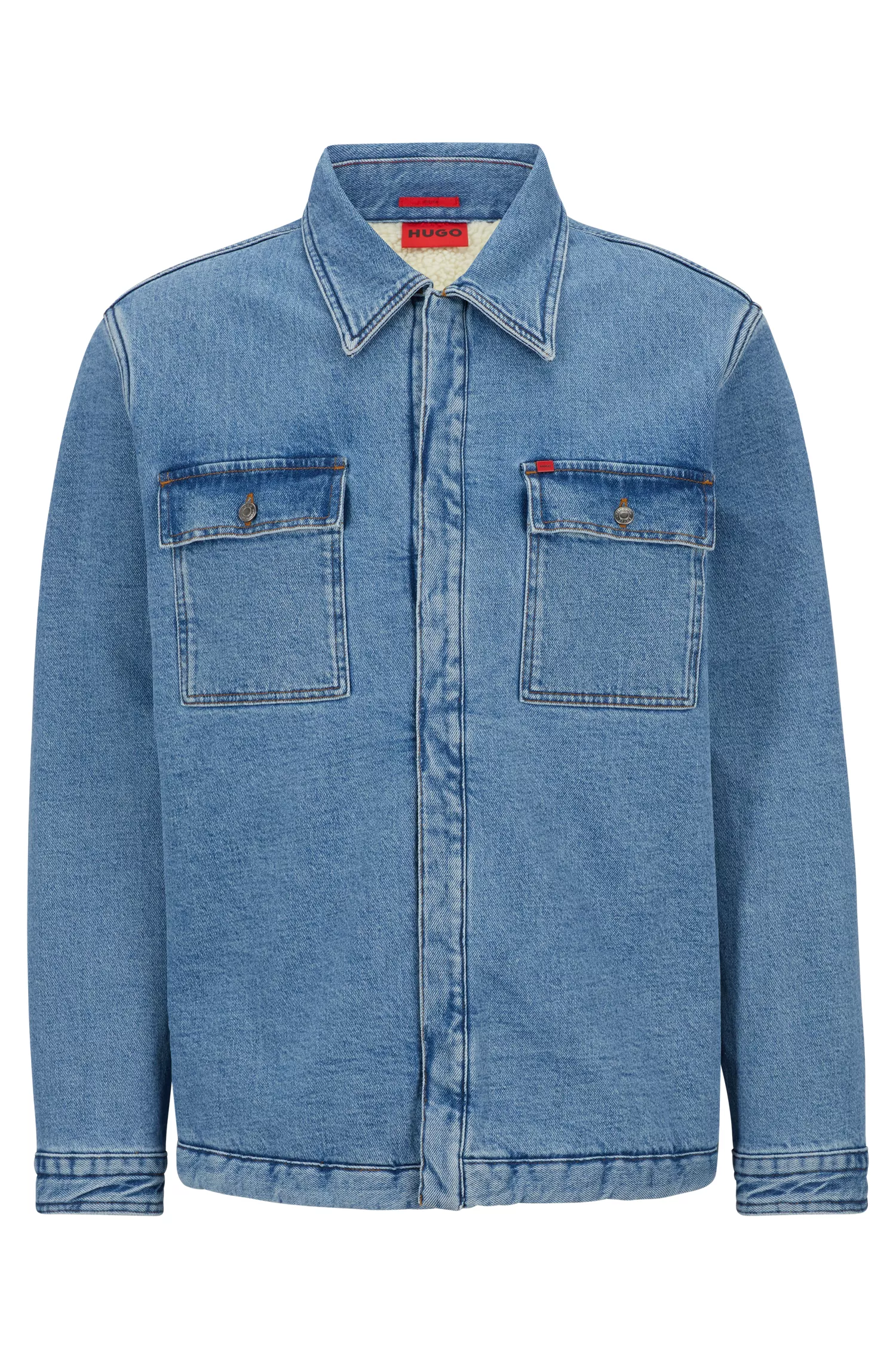 Camisa HUGO vermelha de modelagem oversized em denim stretch azul.