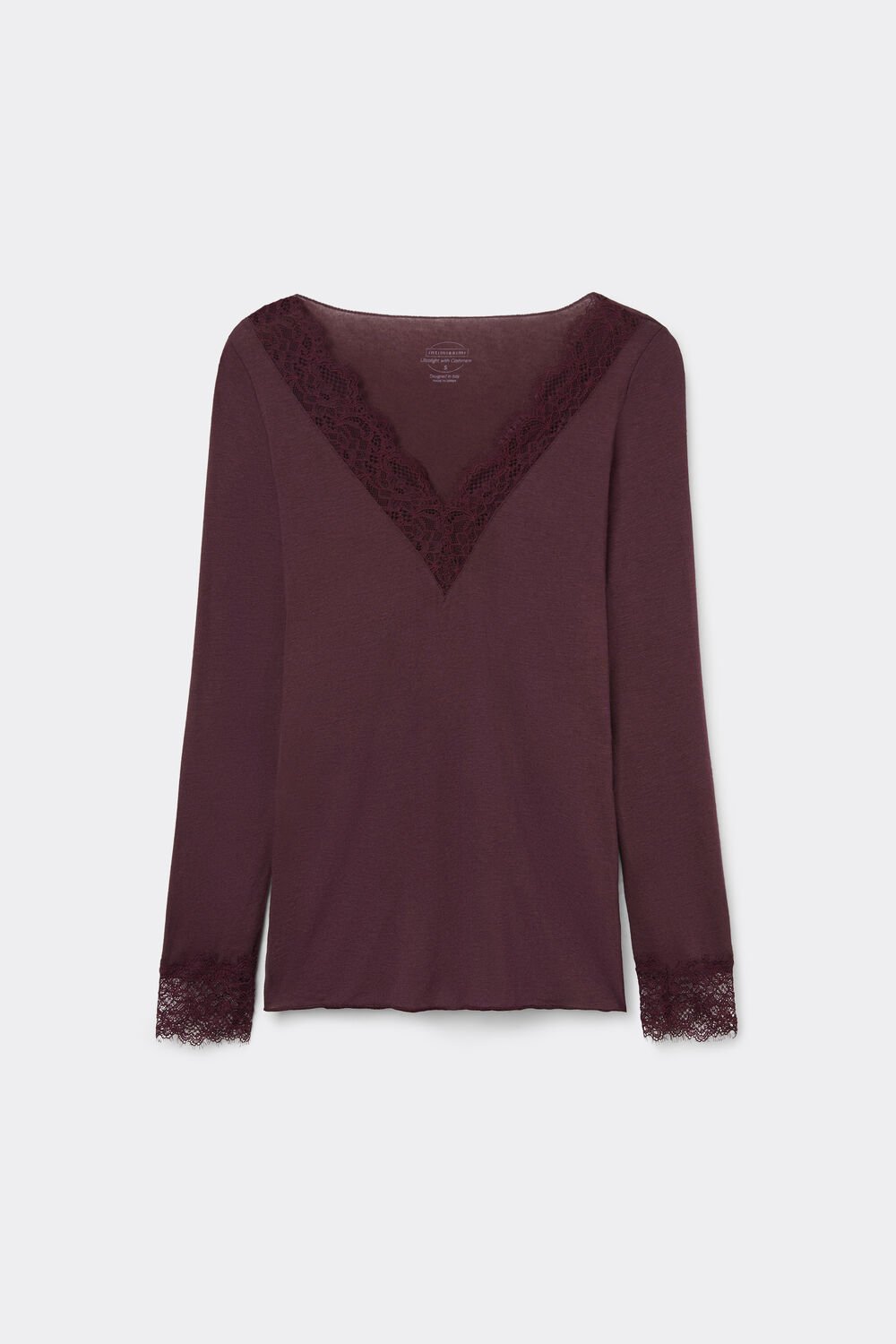 Camisa de manga comprida ultraleve em cashmere com detalhes em renda.