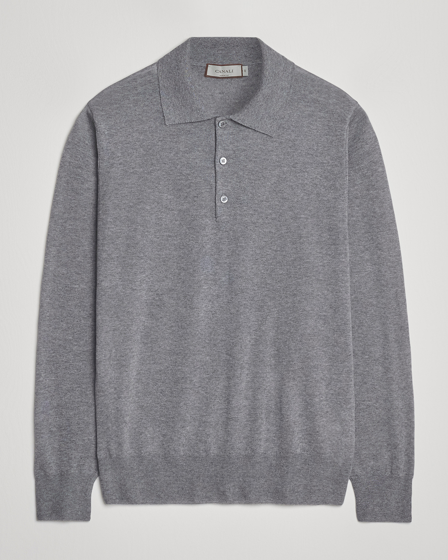Canali Merino Wool Long Sleeve Polo Light Grey