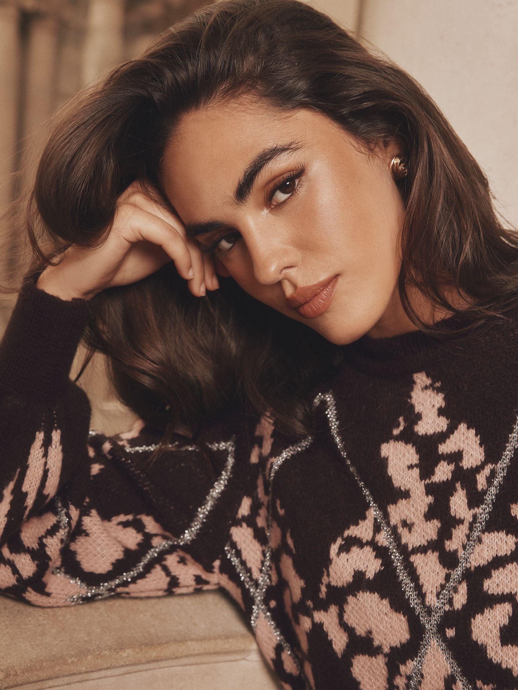 Chocolate Brown Leopard Argyle - Lipsy Print Crew Neck Supersoft Knitted Jumper