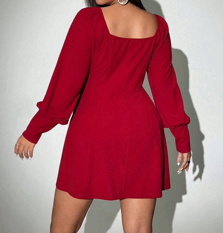 uliaque - Plus Size Lange Mouw V-hals Effen Mini A-lijn Jurk